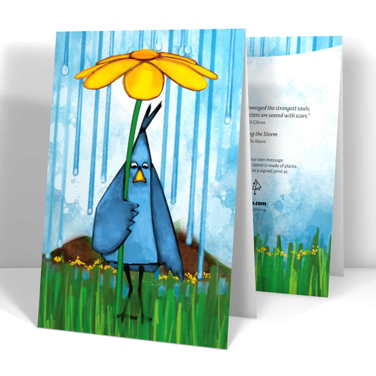 Painting of a Bird standing under a flower during a rain storm