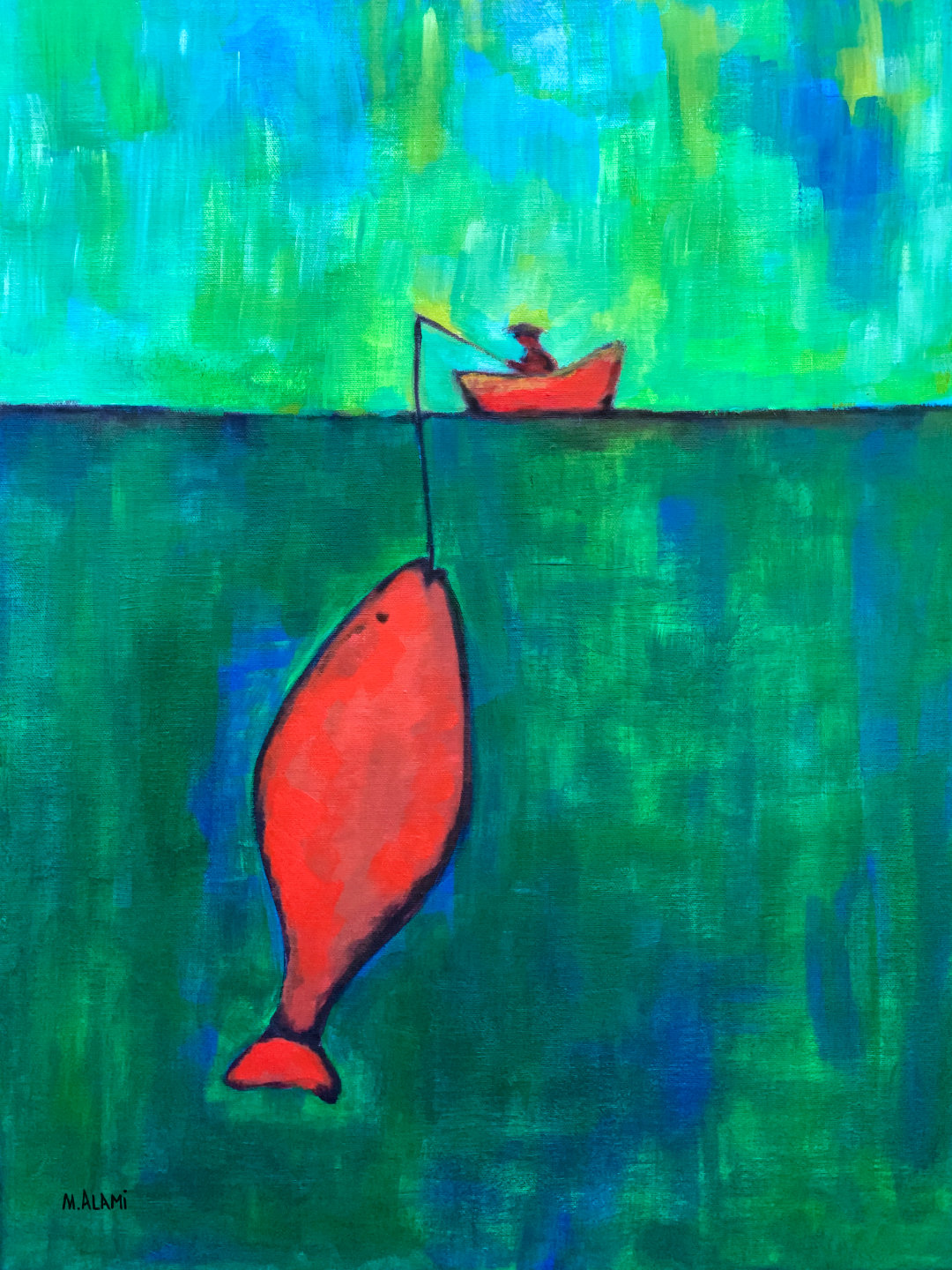 Painting of a fisherman catching a massive fish.