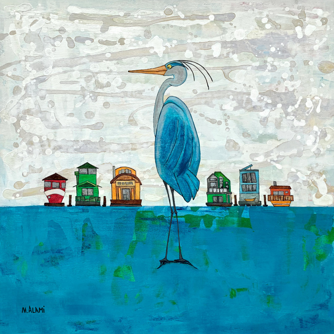 Painting of Great blue heron in Sausalito