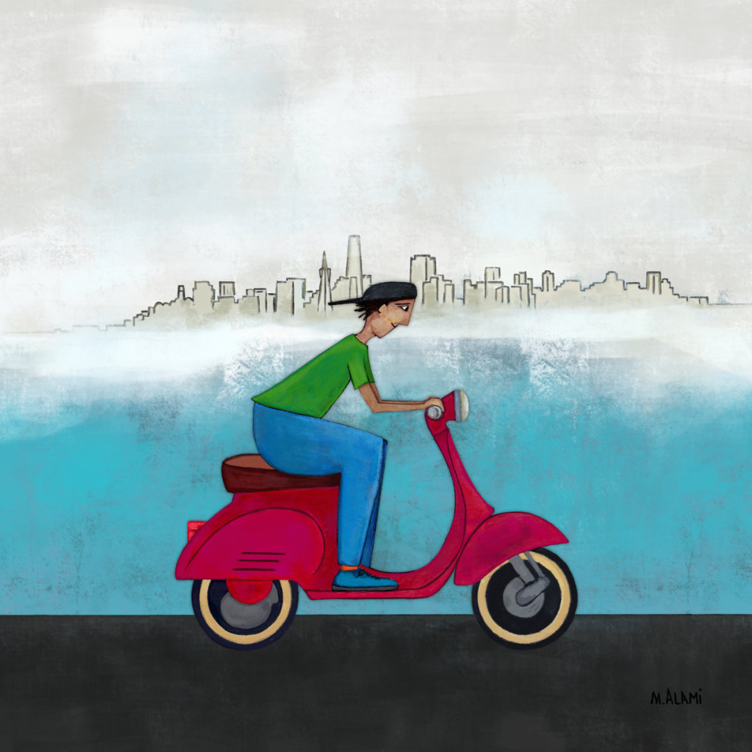 Painting of Vespa riding to San Francisco