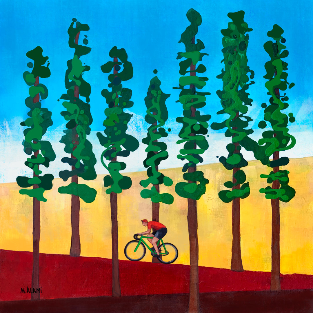 Painting of Bicycle Rider climbing up Mt. Tam