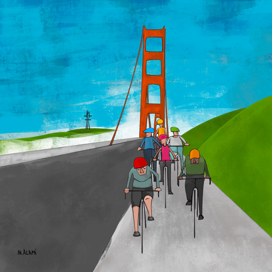 Painting of the San Francisco Golden Gate Bridge and Bicycle riders