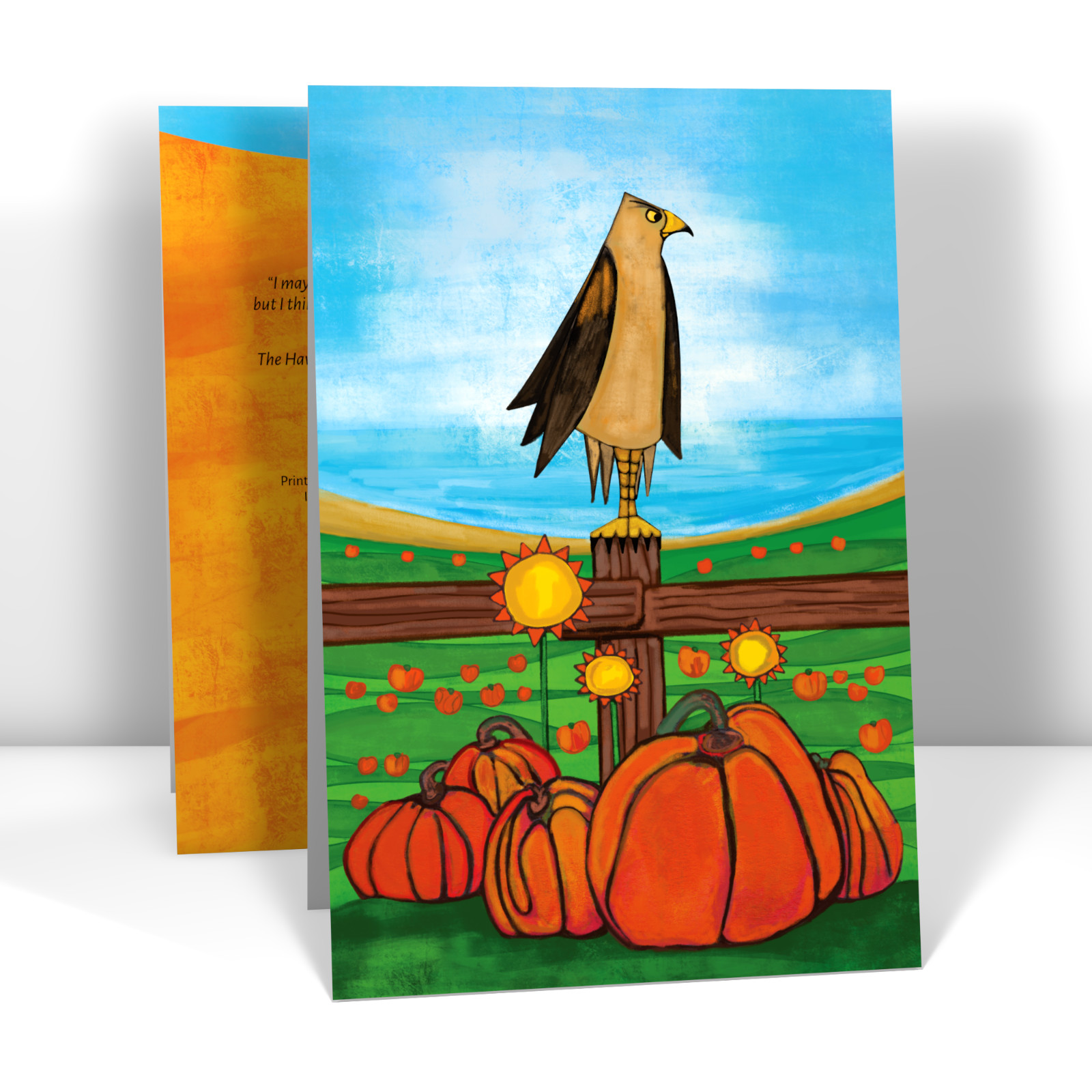 Painting of a hawk looking out at a field of pumpkins. The San Mateo coast is in the background. 