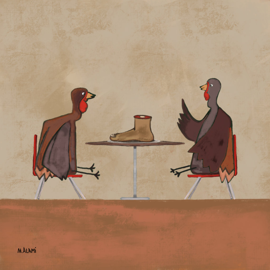 Painting of two Turkeys on the table with a human foot.