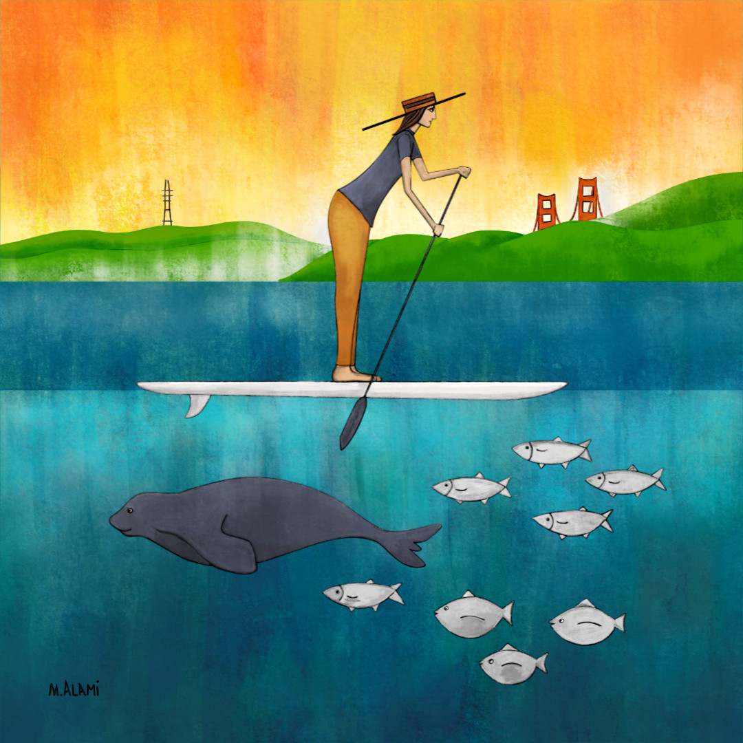Painting of lady on a SUP in the San Francisco Bay