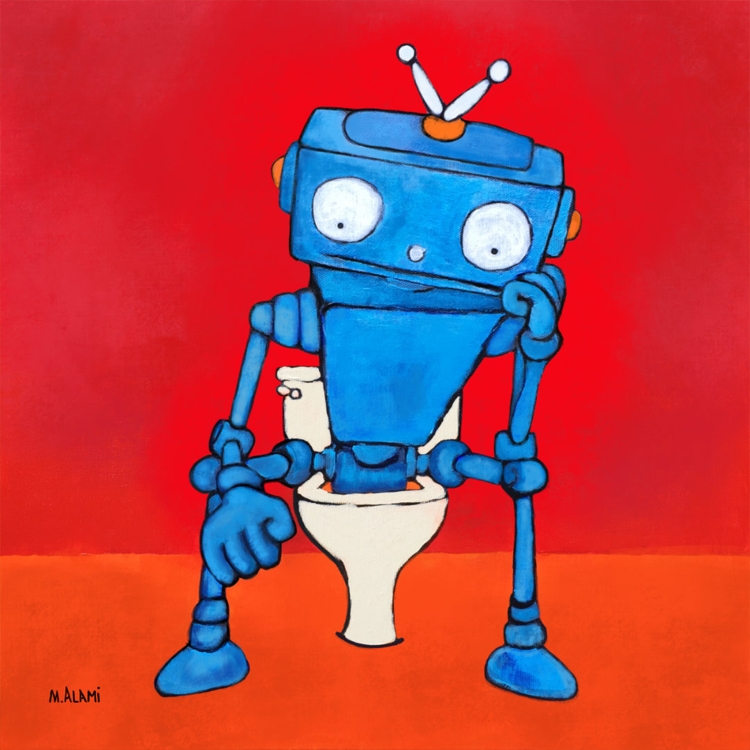 Painting of robot thinking while sitting on the potty.