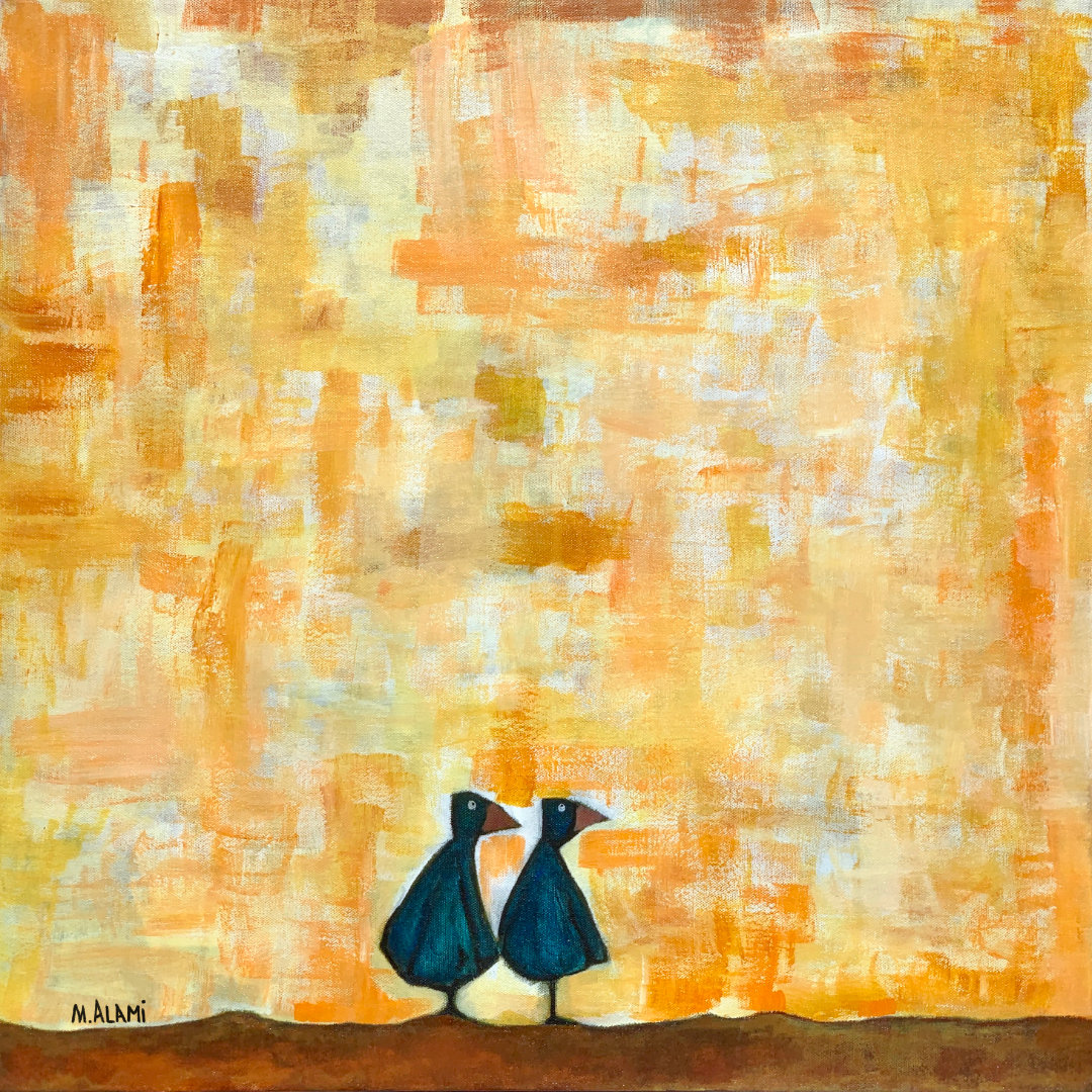 Two birds lost in a field of orange paint.