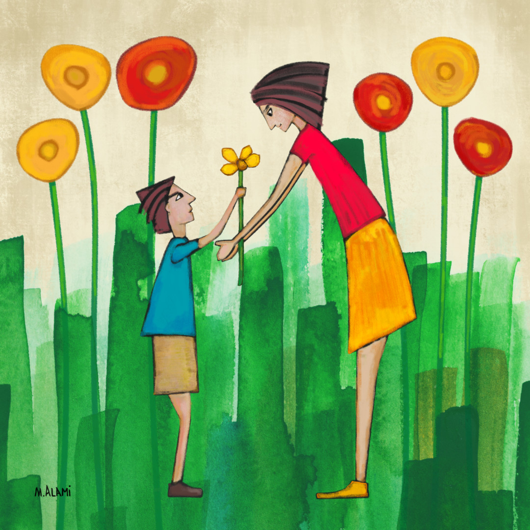 Painting of boy giving his mom a flower.