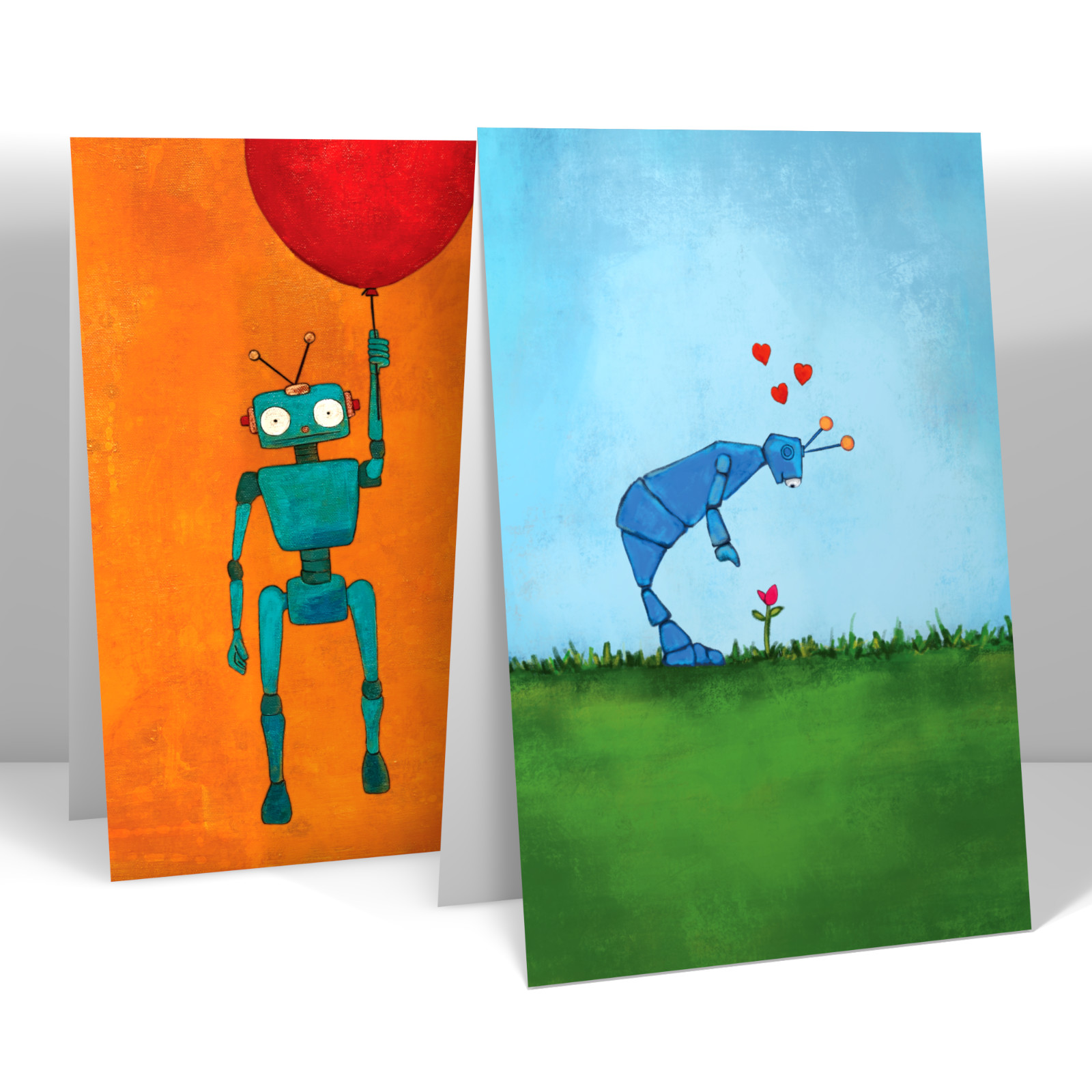 Painting of two Robot cards. Robot and Red Balloon and Happy Sprint Robot.