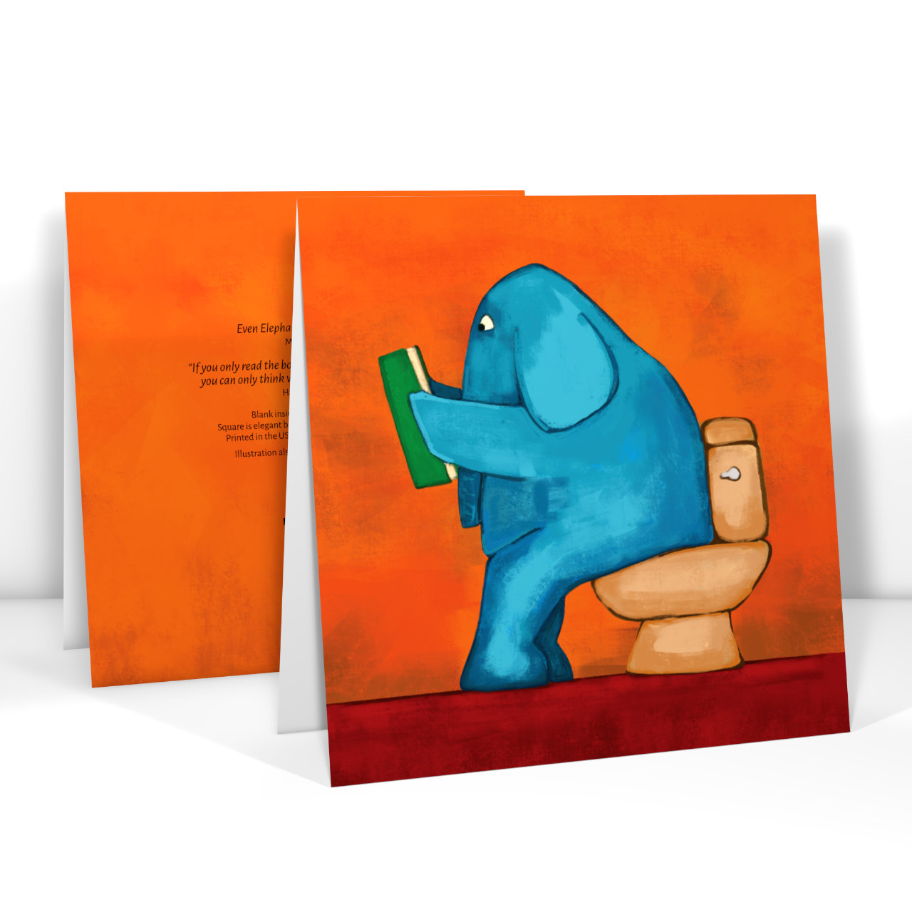 Painting of a elephant reading a book on the potty.