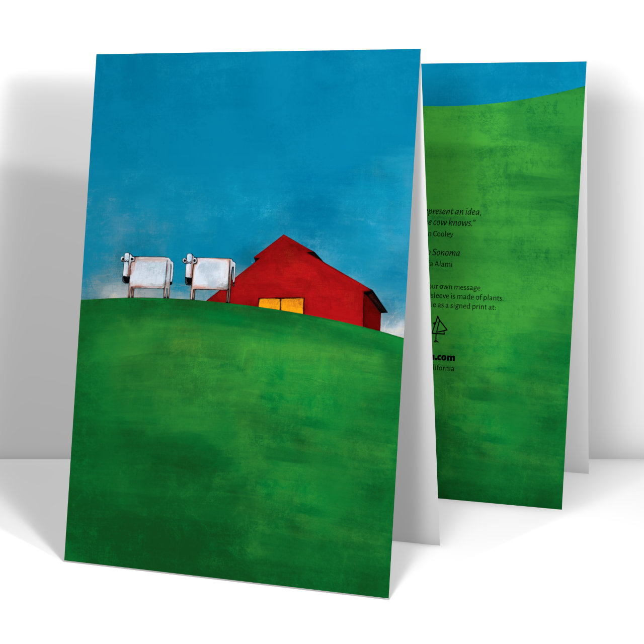 Painting of two cows and a red barn in Sonoma, CA.