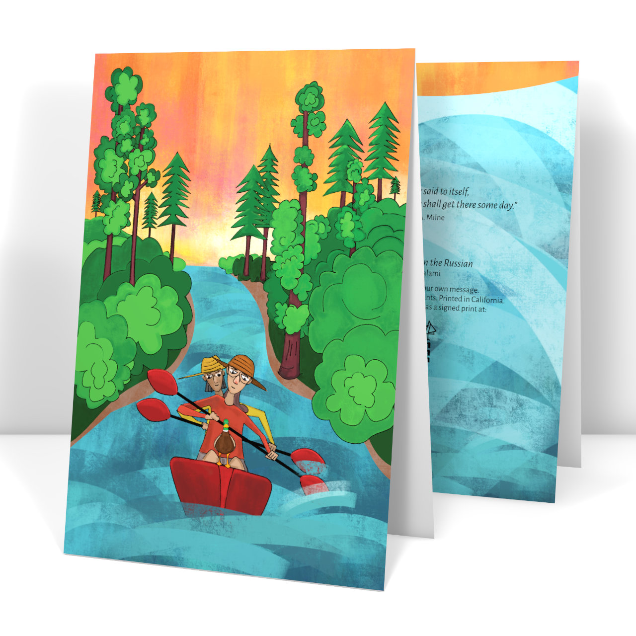 Painting of two ladies kayaking down the Russian River